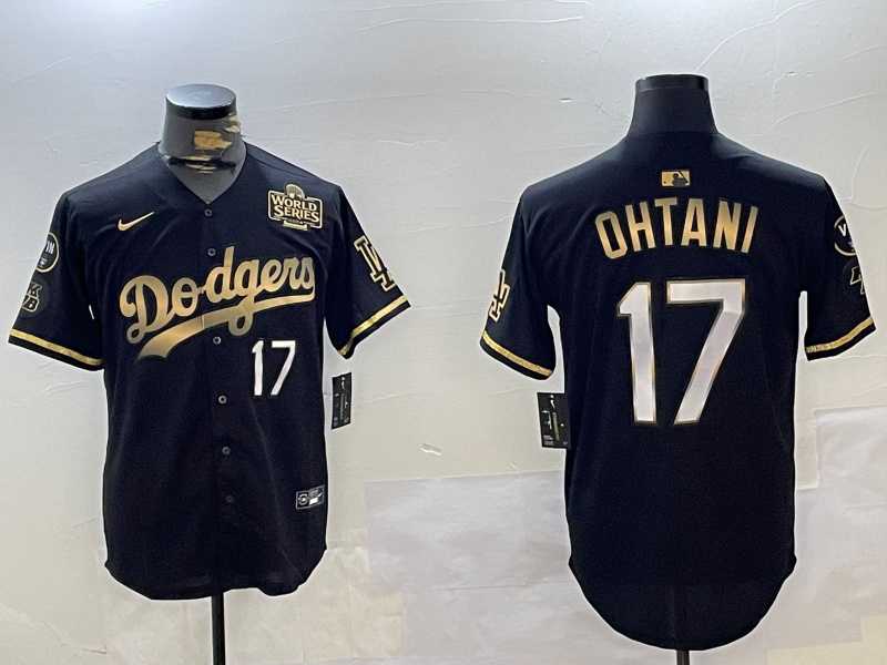 Men%27s Los Angeles Dodgers #17 Shohei Ohtani Black Gold 2024 World Series Champions Cool Base Stitched Baseball Jersey